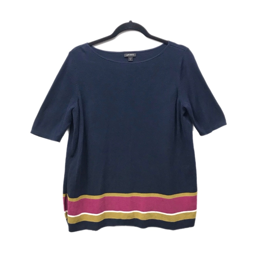 J. Jill Petite Wearever Size MP Knit Top SS Sweater Pullover Navy Blue Stripe